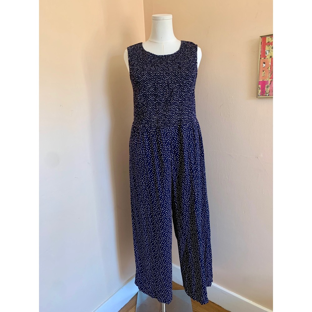 Andrew Marc Navy Blue Polka Dot Smocked Jumpsuit XL Sleeveless Wide Leg
